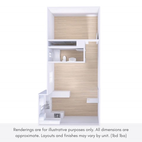 A 3D rendering of a modern apartment layout with a kitchen, living room, and bathroom.